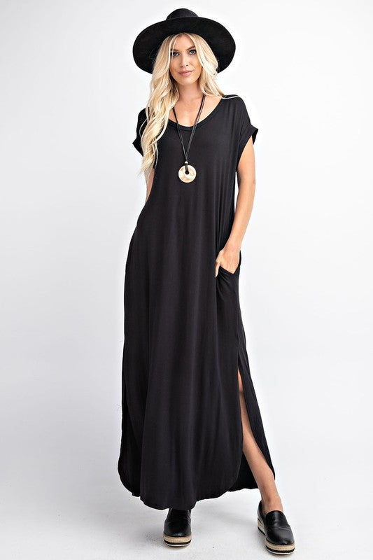 Oversized Black V-Neck Cuffed Short Sleeve Maxi Dress with Pockets M Oversized Black V-Neck Cuffed Short Sleeve Maxi Dress with Pockets M