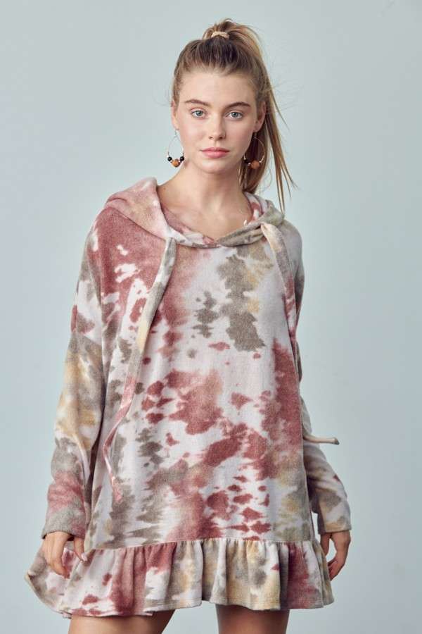 fitted lace wedding dress Tie Dye Fleece Ruffle Bottom Hoodie Tunic