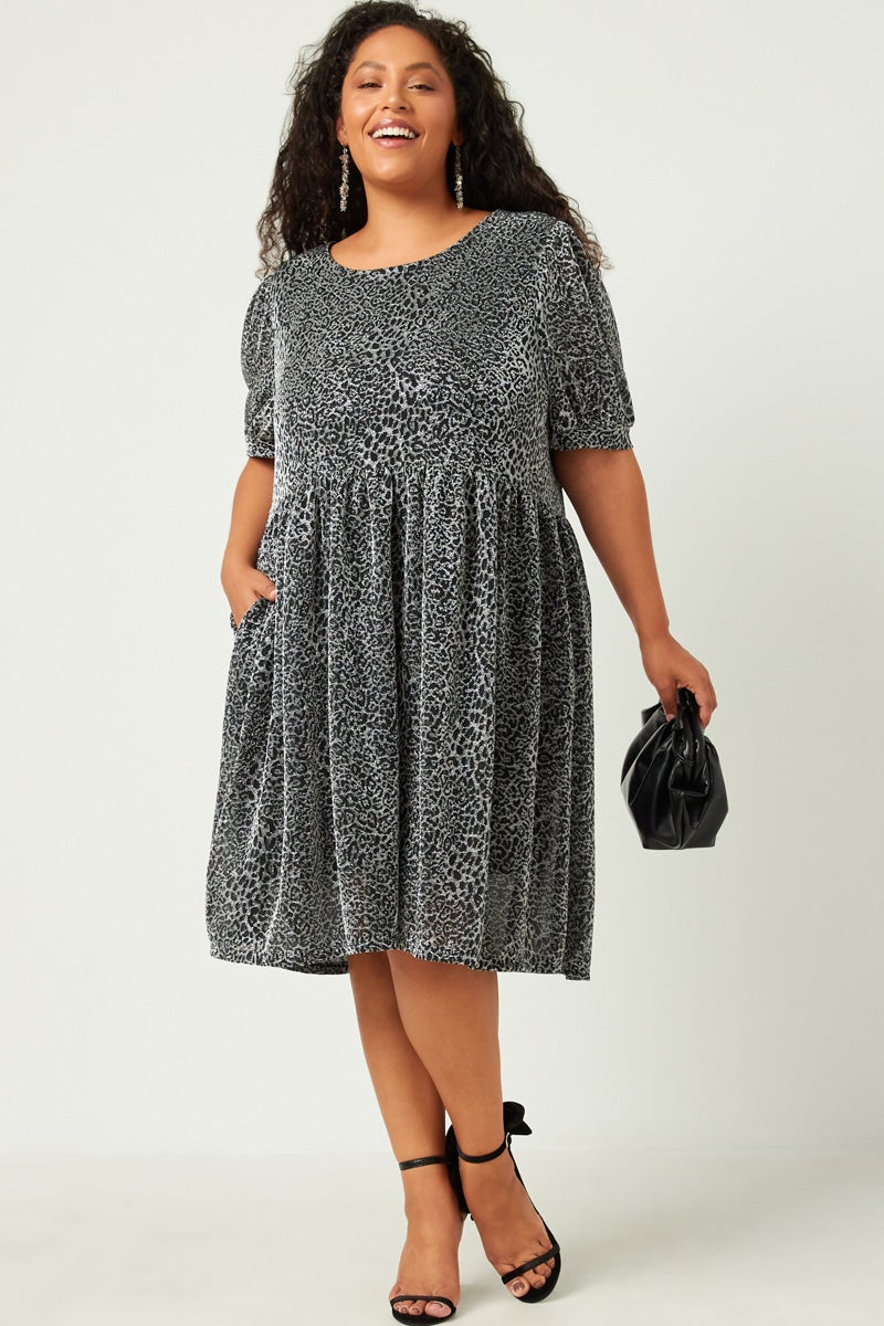 Black and Silver Metallic Animal Print Babydoll Dress 2X