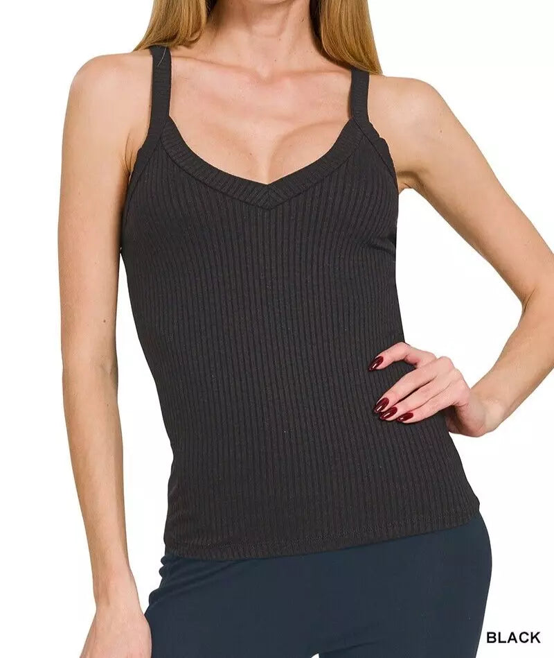 Cross Back Ribbed V-Neck Tank Top - Black