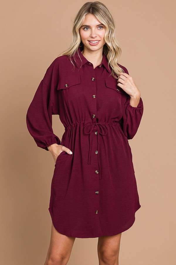 Drawstring Waist Button Down Shirt Dress with Pockets M Drawstring Waist Button Down Shirt Dress with Pockets M