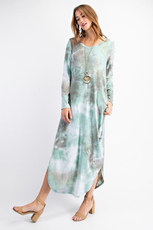 chinese dress ladies Sage and Gray Long Sleeve Tie Dye Maxi Dress M
