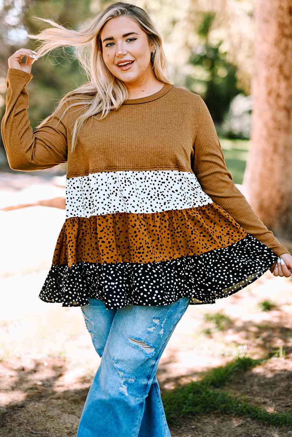 Dotted Color Block Ruffle Babydoll Top