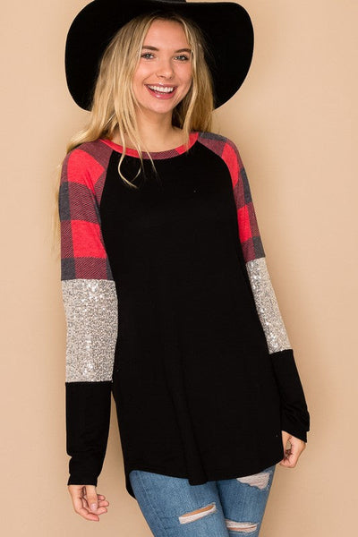 Red & Black Buffalo Plaid & Sparkly Long Sleeve Top - Sequins
