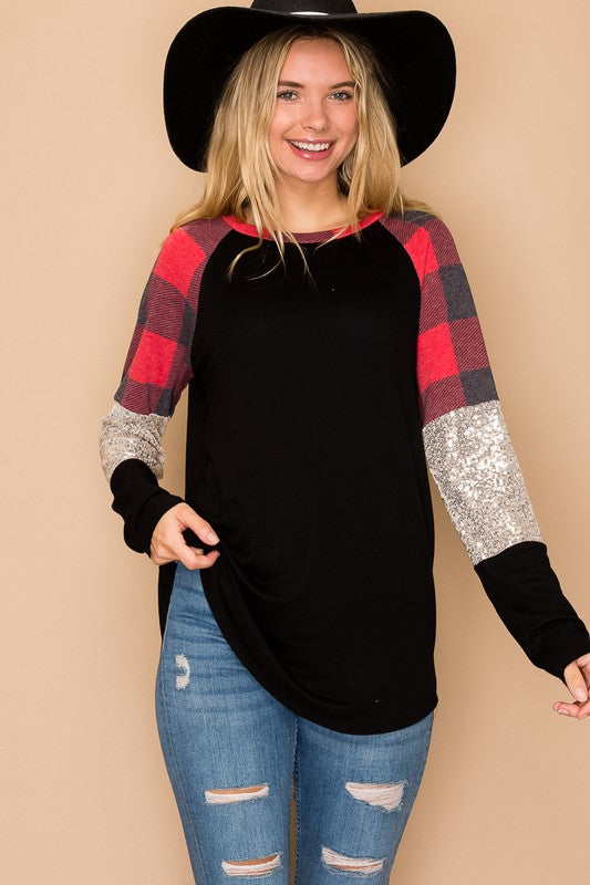 Red & Black Buffalo Plaid & Sparkly Long Sleeve Top - Sequins