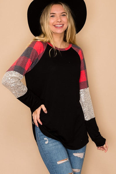 Red & Black Buffalo Plaid & Sparkly Long Sleeve Top - Sequins