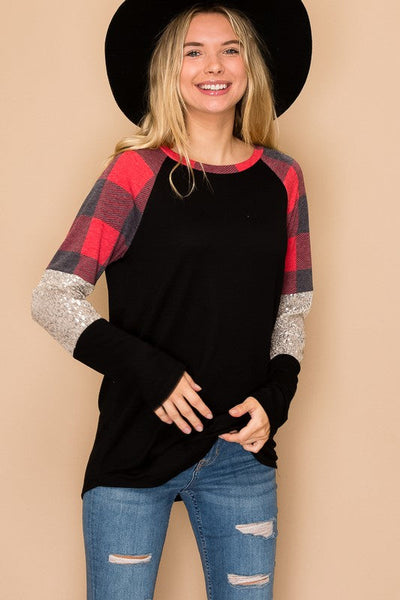 Red & Black Buffalo Plaid & Sparkly Long Sleeve Top - Sequins