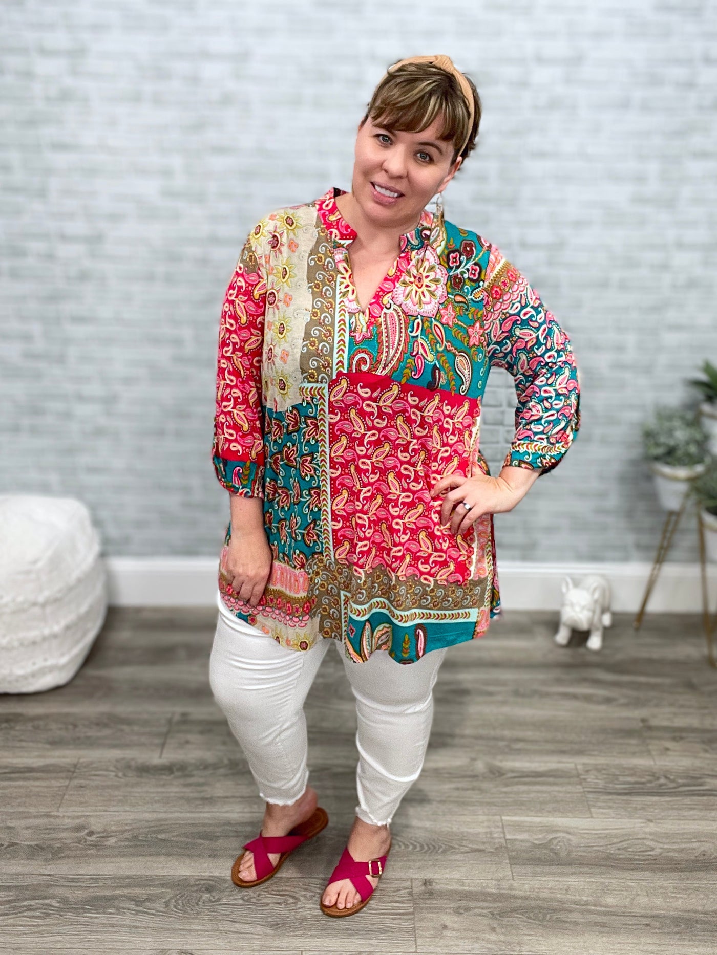 Teal and Fuchsia Paisley Mandarin Collar High Low Gabby Top