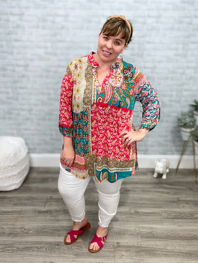 Teal and Fuchsia Paisley Mandarin Collar High Low Gabby Top