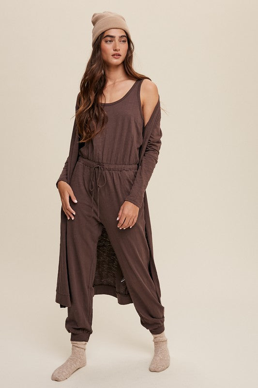 2 pc Lounge Set - Jumpsuit and Cardigan - Chocolate Brown