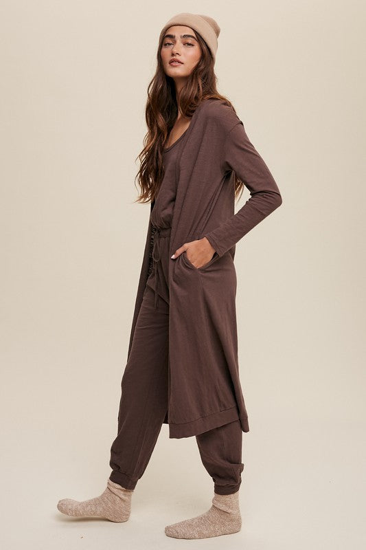 2 pc Lounge Set - Jumpsuit and Cardigan - Chocolate Brown