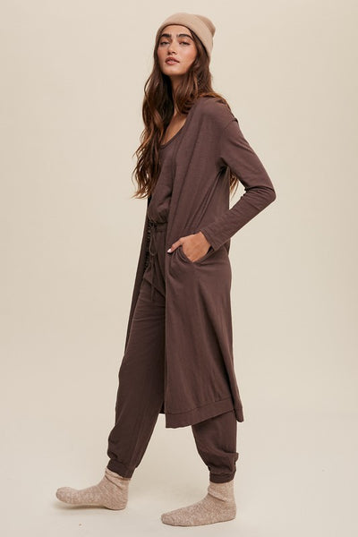 2 pc Lounge Set - Jumpsuit and Cardigan - Chocolate Brown
