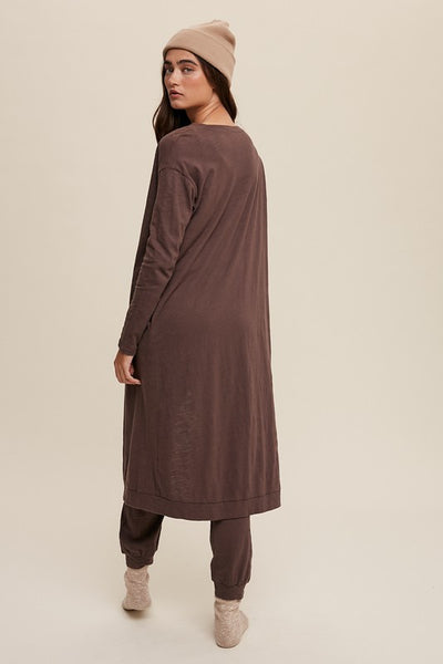 2 pc Lounge Set - Jumpsuit and Cardigan - Chocolate Brown
