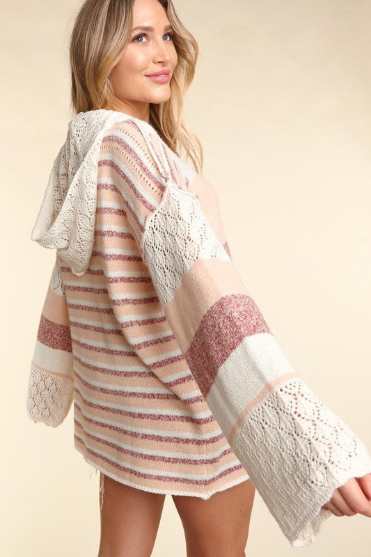 Oversized Striped Knit Hoodie with Crochet Knit Accents 2X