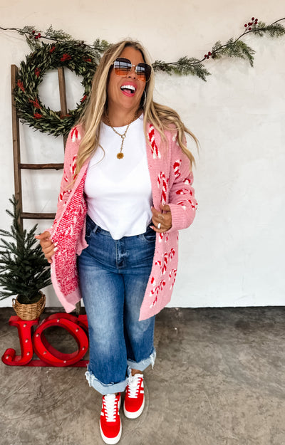 PREORDER- CHRISTMAS CLOUD CARDIGAN - Candy Canes and Checker Print