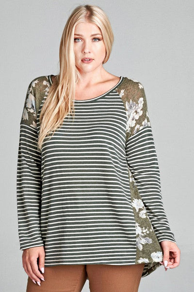 Oddi Green Stripes and Floral Tunic Top