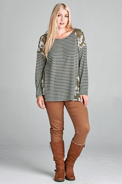 Oddi Green Stripes and Floral Tunic Top