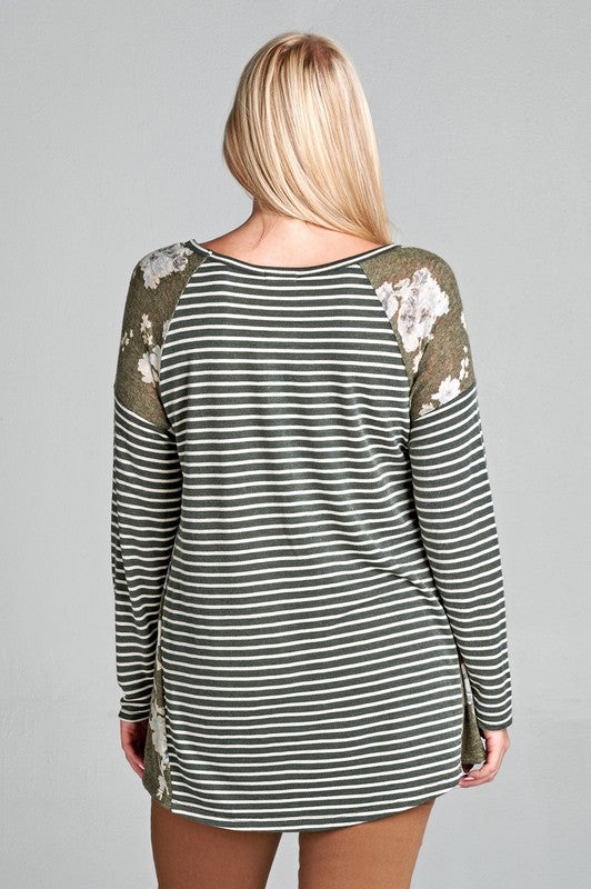 Oddi Green Stripes and Floral Tunic Top