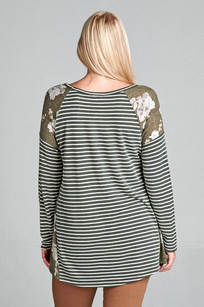 Oddi Green Stripes and Floral Tunic Top