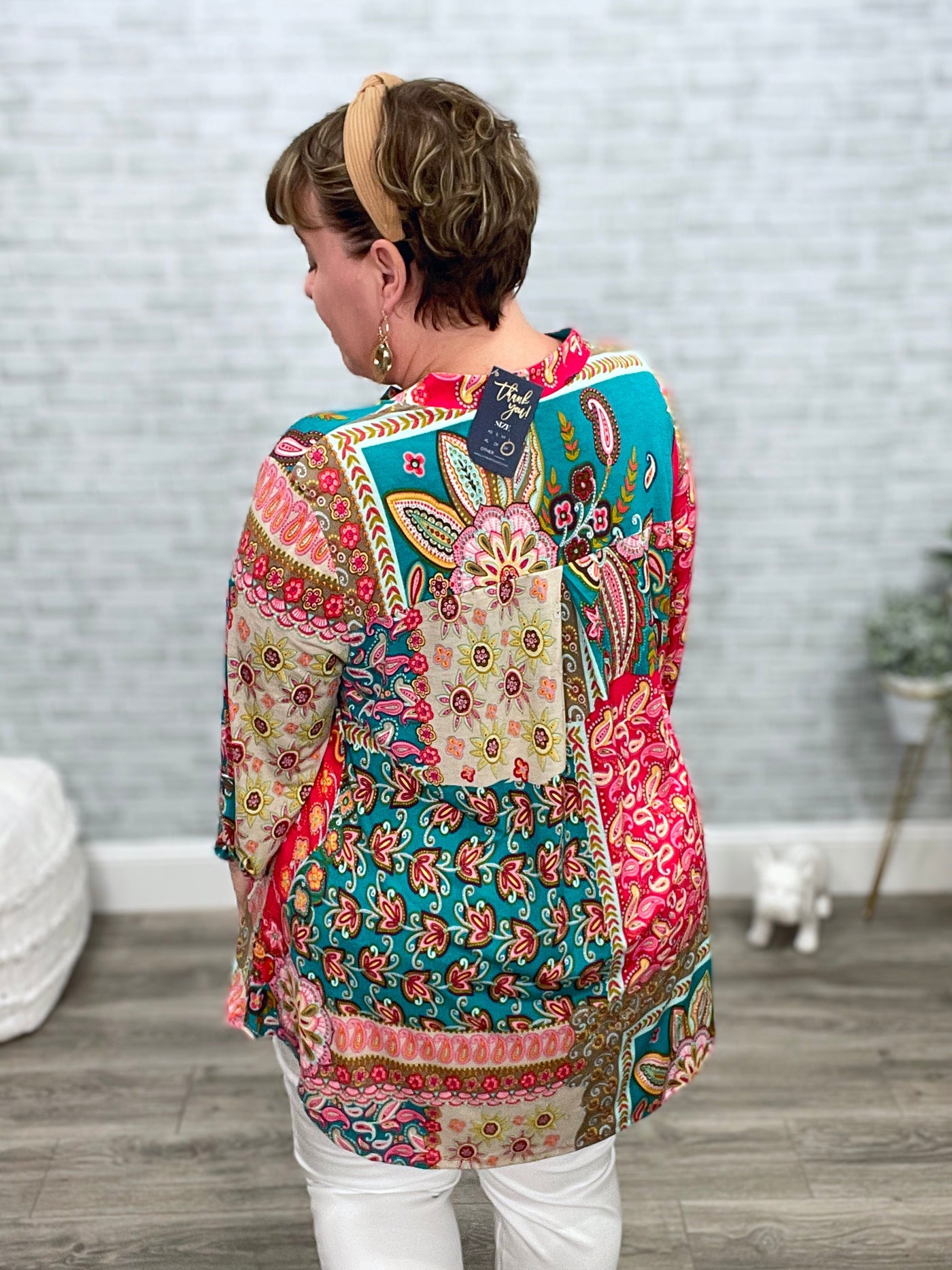 Teal and Fuchsia Paisley Mandarin Collar High Low Gabby Top