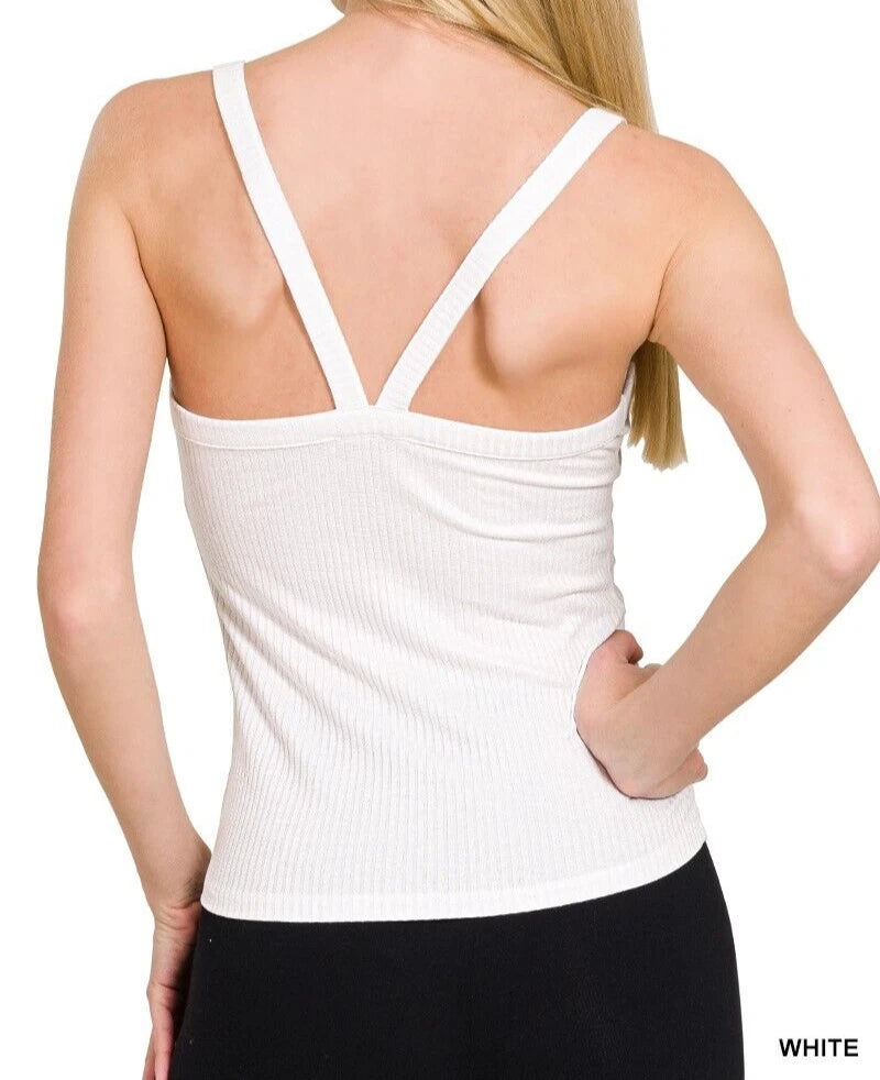 Cross Back Ribbed V-Neck Tank Top - Black