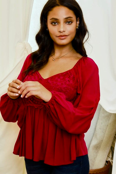 Crochet Front Smocked Back Peplum Top