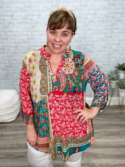 Teal and Fuchsia Paisley Mandarin Collar High Low Gabby Top