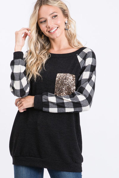 Black Top with Ivory Buffalo Plaid Sleeves and Gold Sequin Pocket