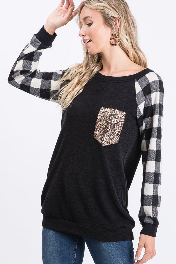 Black Top with Ivory Buffalo Plaid Sleeves and Gold Sequin Pocket
