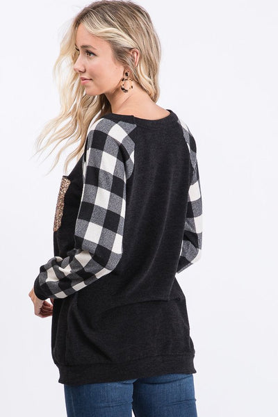 Black Top with Ivory Buffalo Plaid Sleeves and Gold Sequin Pocket