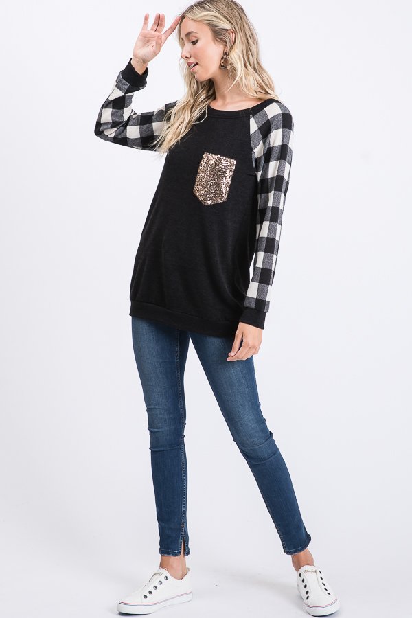 Black Top with Ivory Buffalo Plaid Sleeves and Gold Sequin Pocket