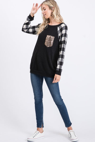 Black Top with Ivory Buffalo Plaid Sleeves and Gold Sequin Pocket