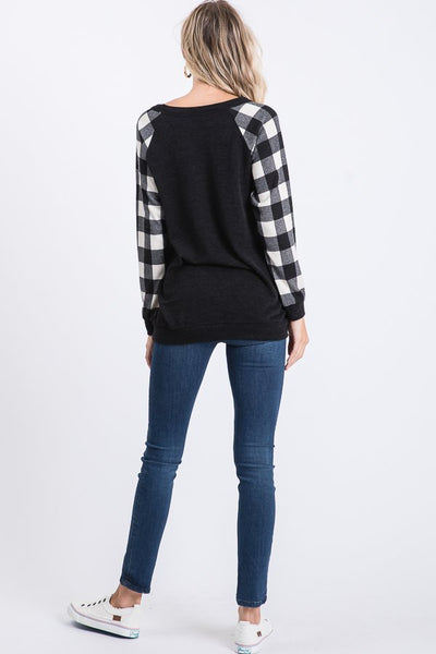 Black Top with Ivory Buffalo Plaid Sleeves and Gold Sequin Pocket
