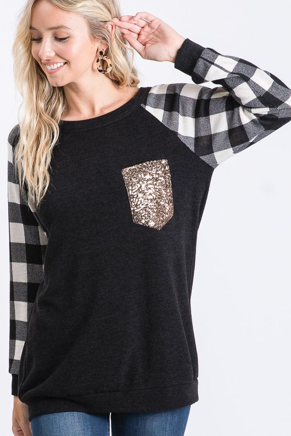 Black Top with Ivory Buffalo Plaid Sleeves and Gold Sequin Pocket