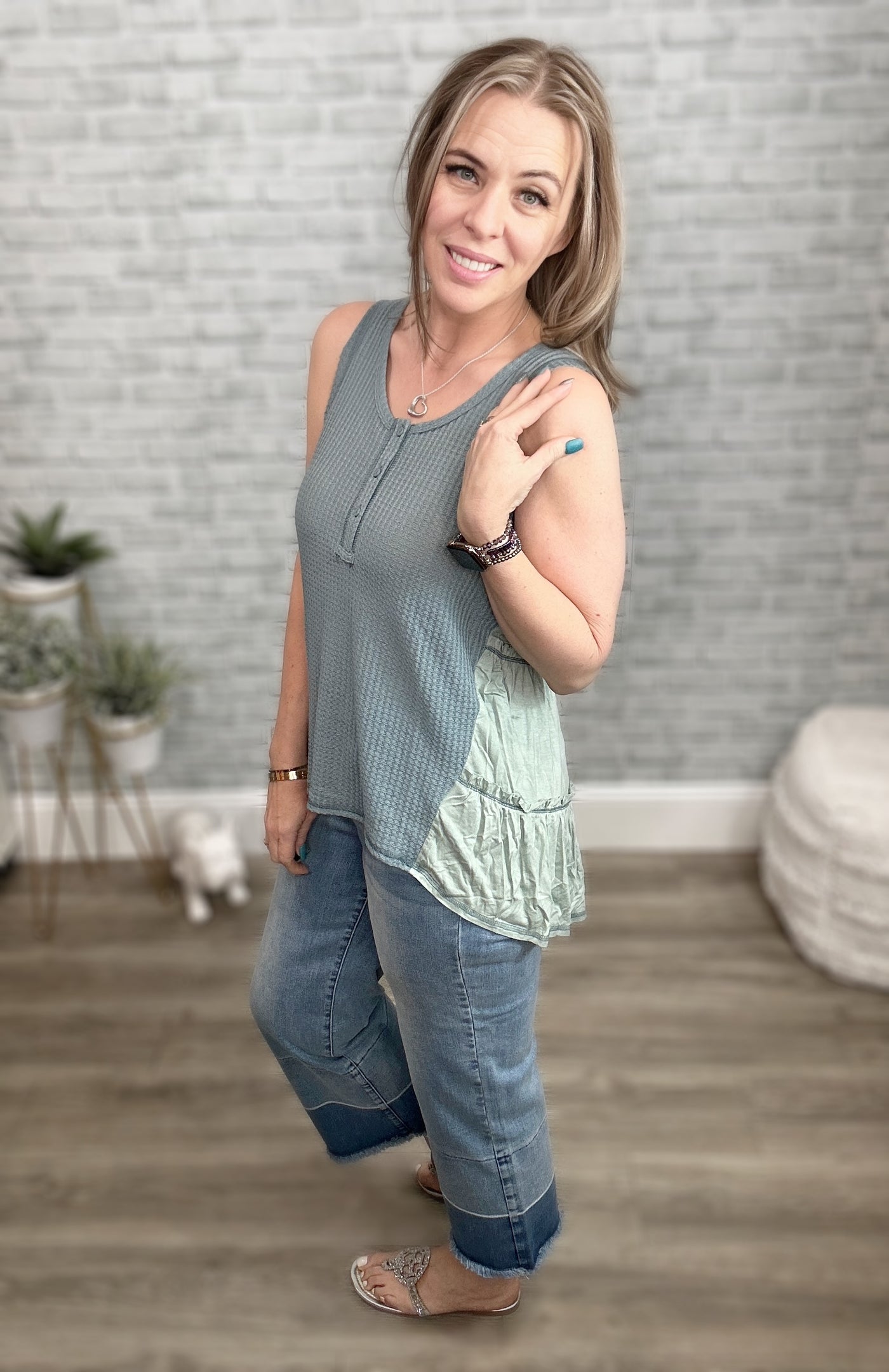 Waffle Knit and Tiered Back Hi Low Tank - Umgee L Waffle Knit and Tiered Back Hi Low Tank - Umgee L