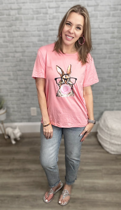 Glasses Wearing Bunny Rabbit Blowing a Gum Bubble Tee - LAST ONE!