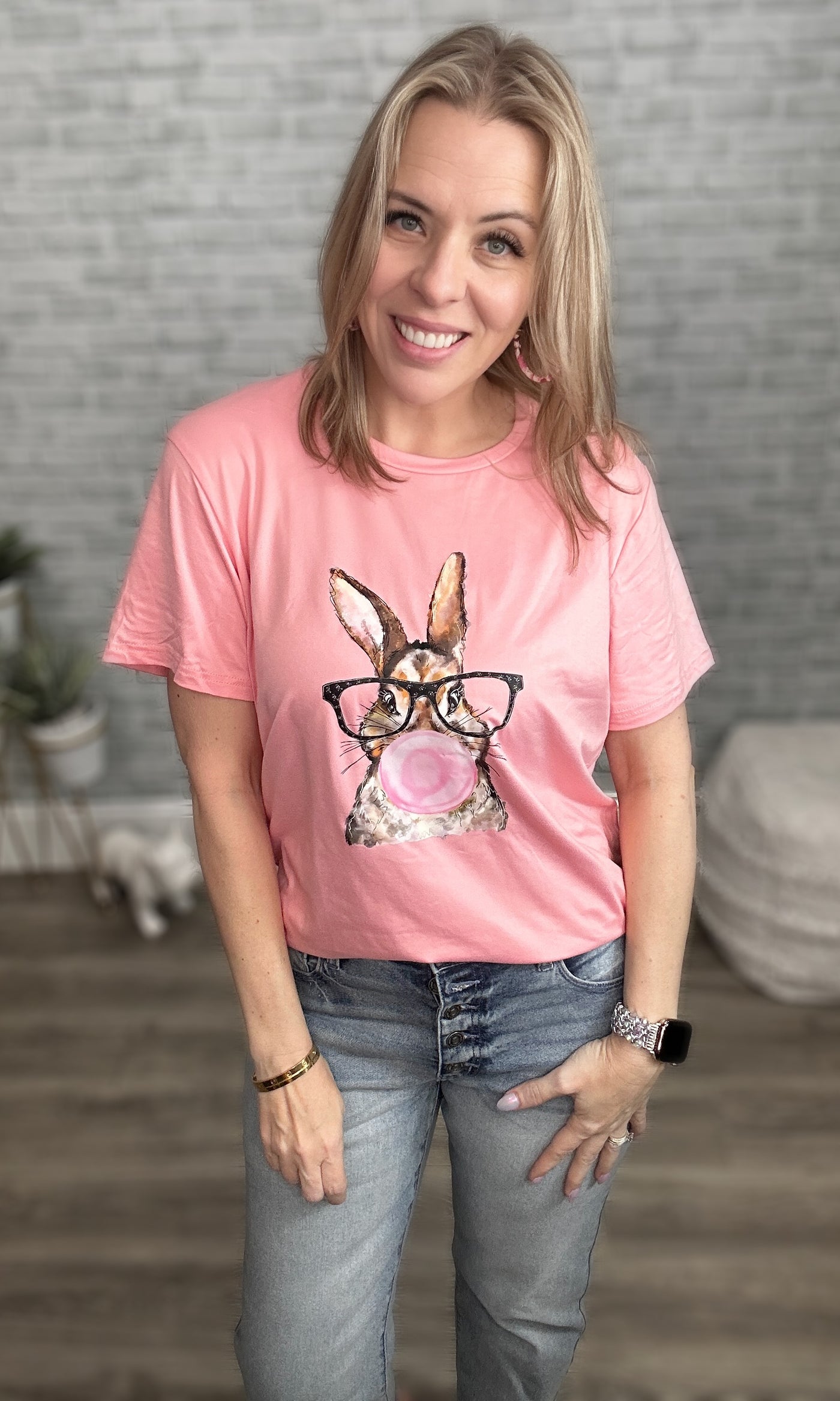 Glasses Wearing Bunny Rabbit Blowing a Gum Bubble Tee - LAST ONE!