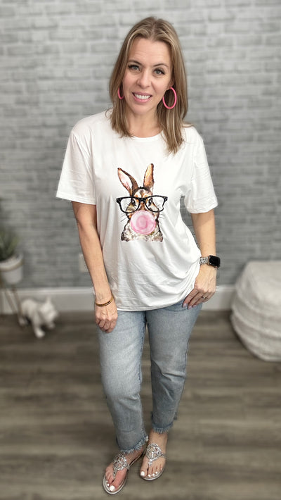 Glasses Wearing Bunny Rabbit Blowing a Gum Bubble Tee - LAST ONE!