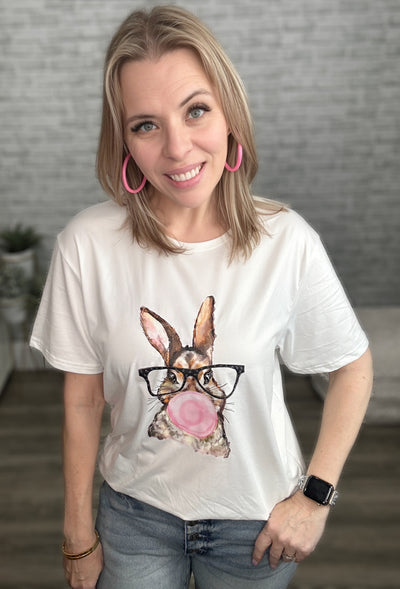 Glasses Wearing Bunny Rabbit Blowing a Gum Bubble Tee - LAST ONE!