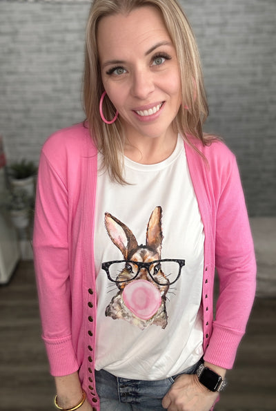 Glasses Wearing Bunny Rabbit Blowing a Gum Bubble Tee - LAST ONE!