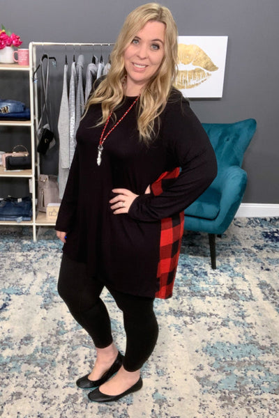 Black with Black & Red Buffalo Plaid Criss Cross Back