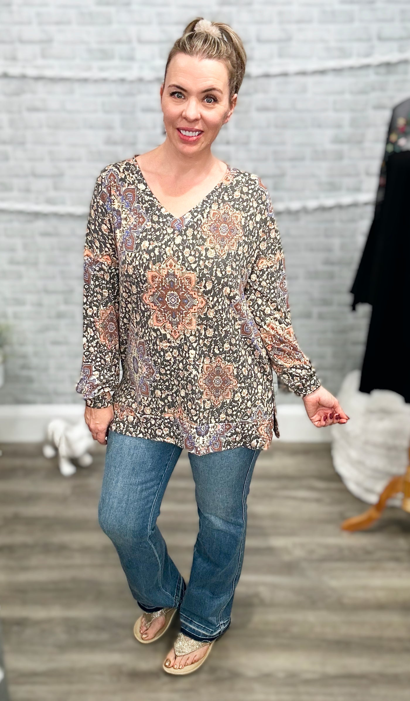 Soft Faded Vintage Long Sleeve V-Neck Top