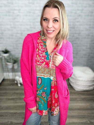 Teal and Fuchsia Paisley Mandarin Collar High Low Gabby Top