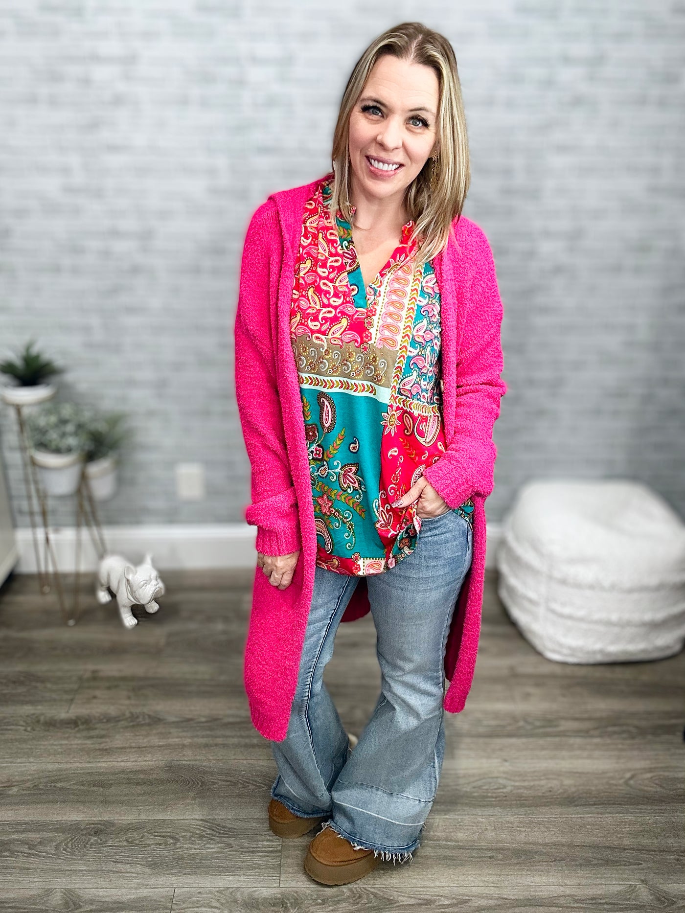 Teal and Fuchsia Paisley Mandarin Collar High Low Gabby Top