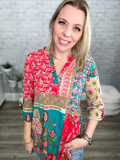 Teal and Fuchsia Paisley Mandarin Collar High Low Gabby Top