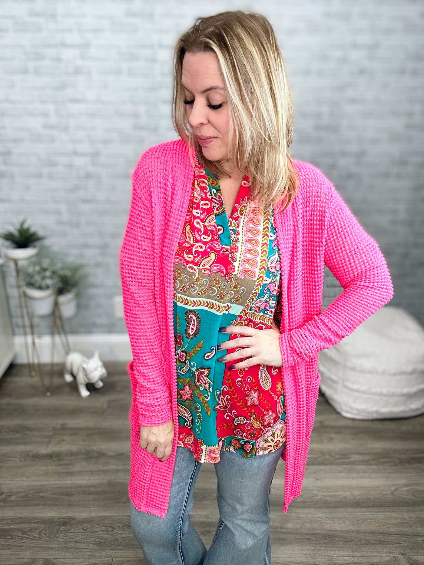 Teal and Fuchsia Paisley Mandarin Collar High Low Gabby Top