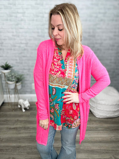 Teal and Fuchsia Paisley Mandarin Collar High Low Gabby Top
