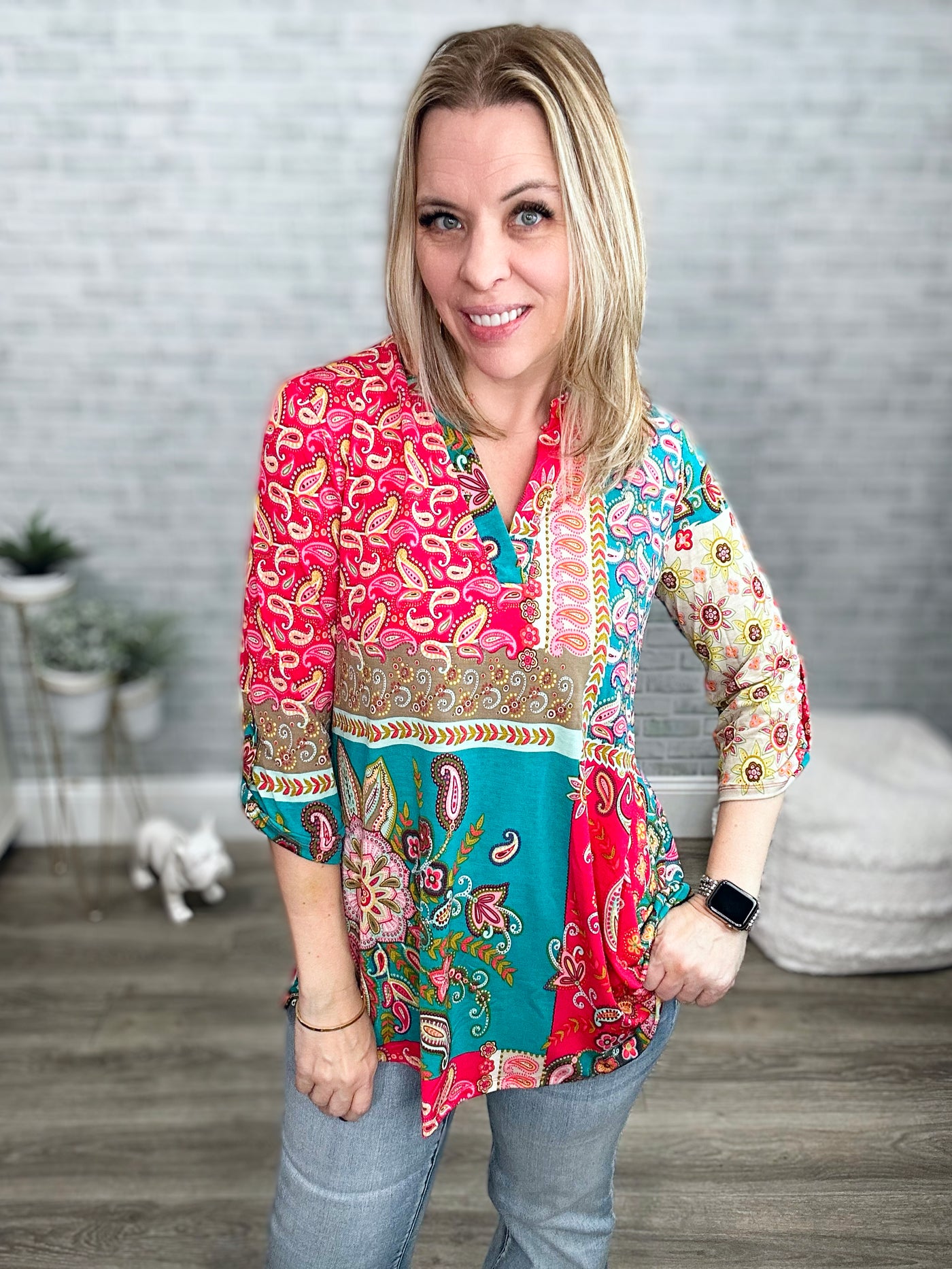 Teal and Fuchsia Paisley Mandarin Collar High Low Gabby Top