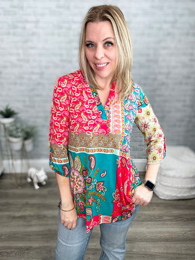 Teal and Fuchsia Paisley Mandarin Collar High Low Gabby Top