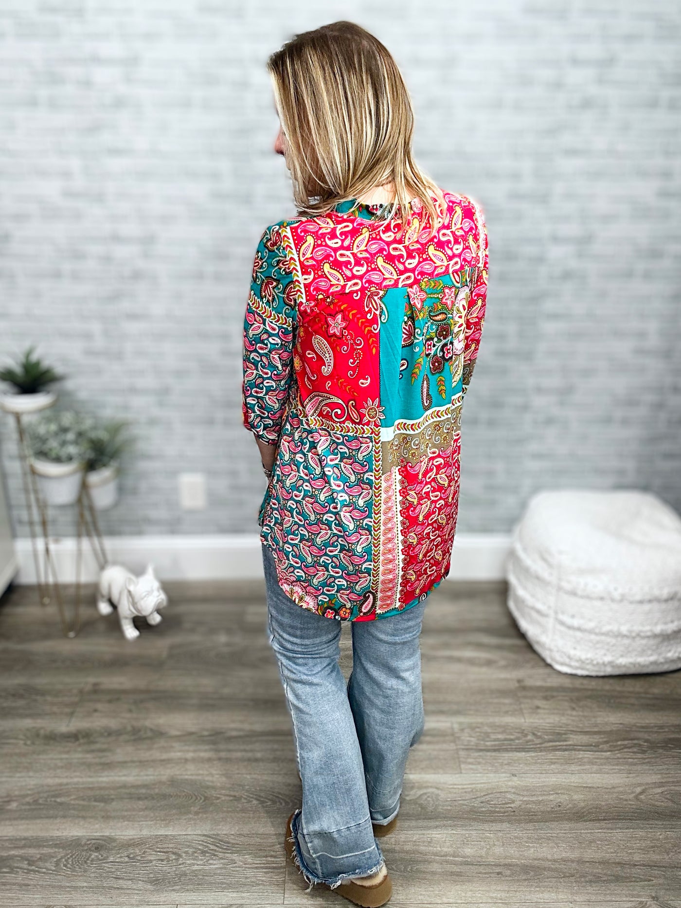 Teal and Fuchsia Paisley Mandarin Collar High Low Gabby Top